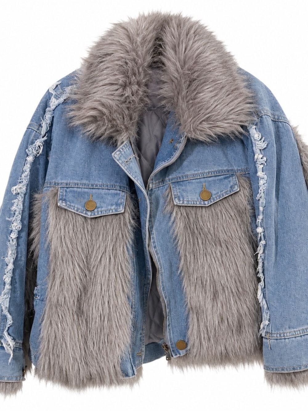 Fashion Nova Light Blue Denim Jacket with Grey Faux Fur Accents
